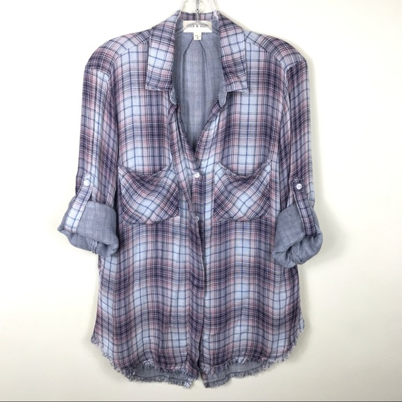 cloth & stone Tops - Cloth & Stone Plaid Pink Shirt Raw Hem